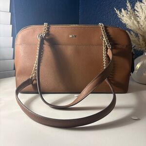 DKNY Maddison Satchel Cognac Brown Chain Strap Designer Shoulder Bag